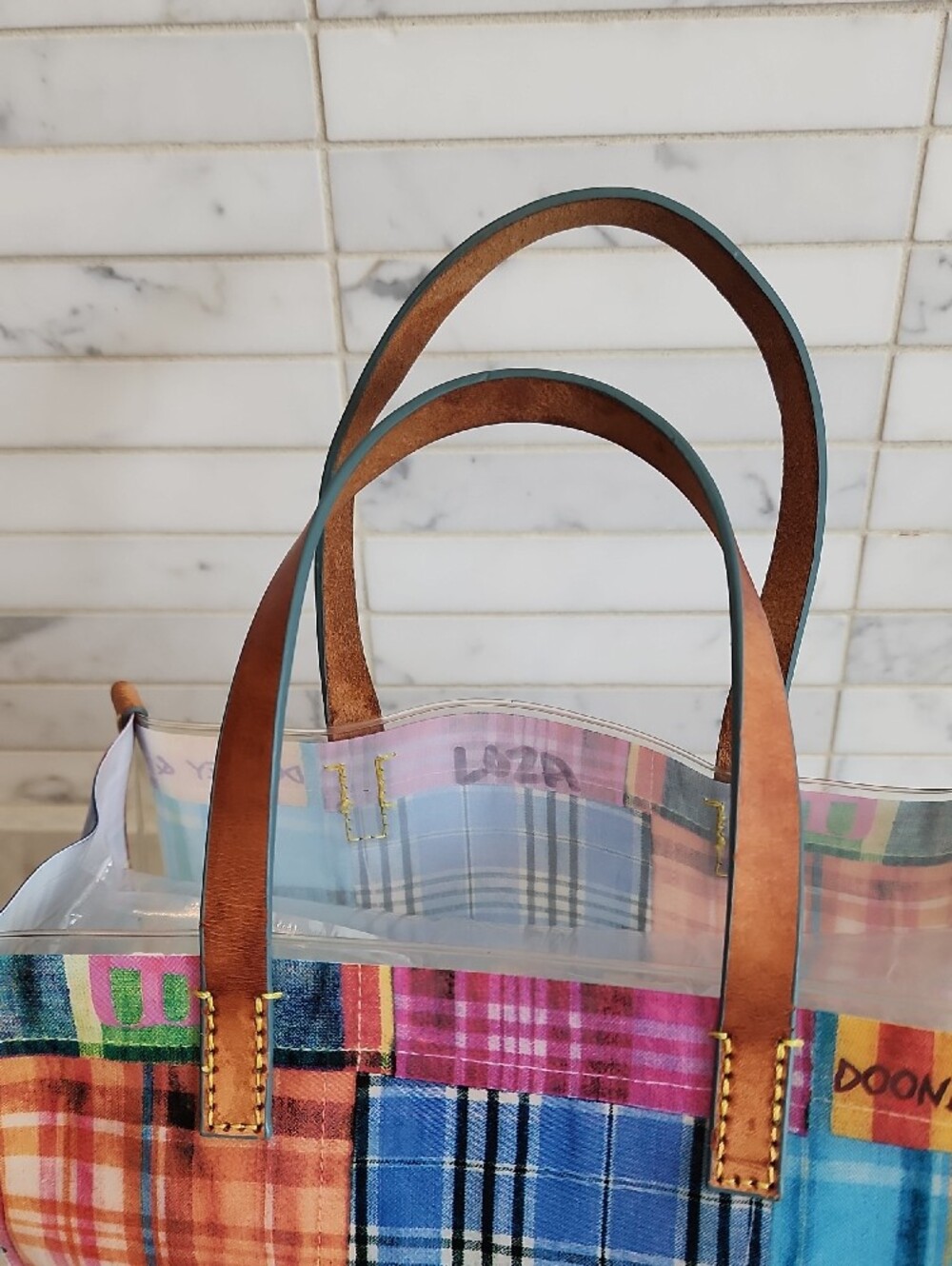 Dooney & Bourke Multicolor Plaid Patchwork Clear Tote with Brown Leather Handles - Picture 6 of 8